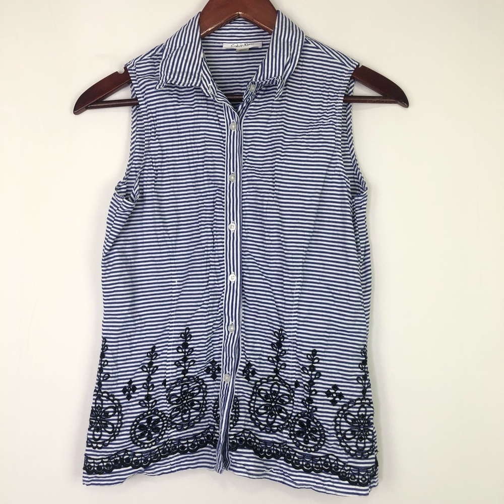 Calvin Klein Button Up Striped Eyelet Sleeveless Floral Blue Collared Beach